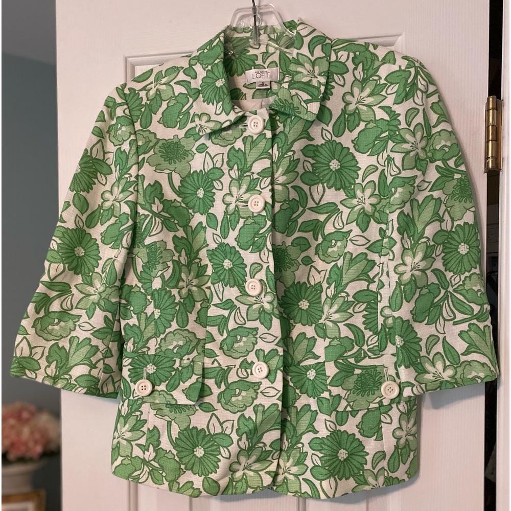 LOFT Jacket—Like new, light green white background flower print. Fully lined.